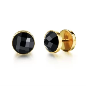 Gold Stainless Steel Black Stone Screw Earring