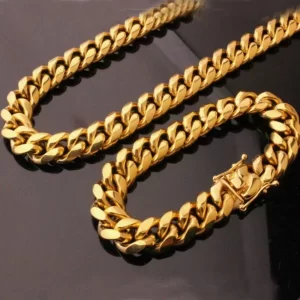 15mm Gold Stainless Steel Cuban Link Necklace + Bracelet Set
