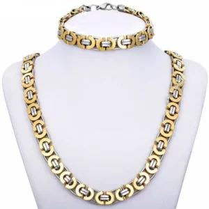 Gold/White Stainless Byzantine Necklace & Bracelet Combo