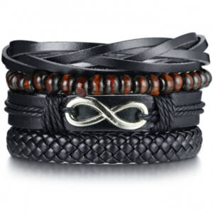 4pcs a Set Black Leather and Wood Beads Infinity Bracelet