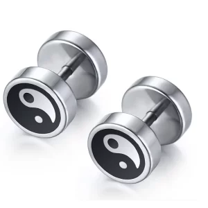 Silver Steel Yin Yang Screw Back Earring