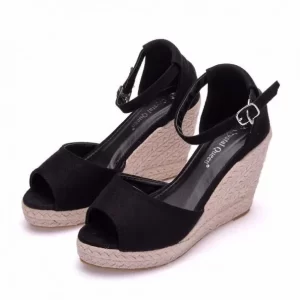 Womens Ankle Strap Platform High Heel Wedge Sandals- Black