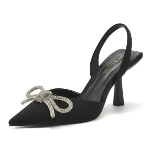 Womens Satin Bow Slingback Party Heels – Black