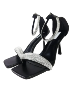 Leather Diamante Strap heeled wedding sandals – Black