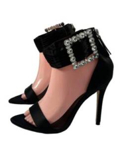 BLACK SATIN EMBELLISHED BUCKLE SANDAL