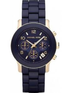 MICHAEL KORS LADIES RUNWAY NAVY BLUE POLYURETHANE-WRAPPED GOLD-TONE STAINLESS STEEL BRACELET WATCH 38MM