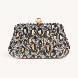 Embroidery Sequins Leopard Print Dinner Bag Clutch – Silver