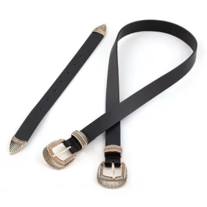 Leather Metal Double Strap Gold Buckle Belt