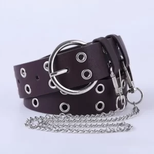 Silver buckle punk style belt with chain - Coffee