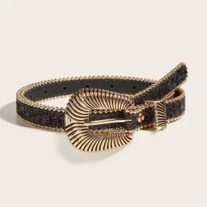 Luxury Strap Sequins Western Crystal Studded Belt - Black