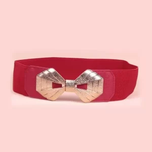 Women's Gold Bow buckle elastic waist belt - Red