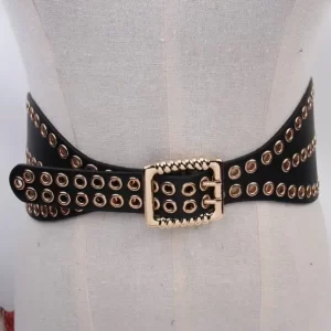 Eyelet Detail Waist Belt with Buckle Closure - Black