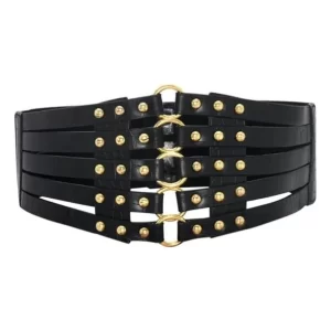 Metal Buckle Corset Belt PU Leather Wide Waist Belt - Black