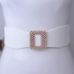 Leather and Elasticated Diamond Encrusted Buckle Belt – White