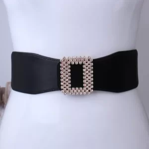 Leather and Elasticated Diamond Encrusted Buckle Belt – Black