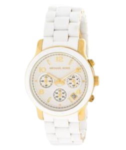 MICHAEL KORS MK5145 LADIES TWO TONE STAINLESS STEEL QUARTZ RUNWAY CHRONOGRAPH WHITE AND YELLOW GOLDTONE DIAL WATCH