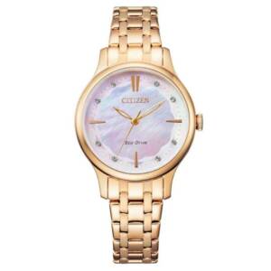 CITIZEN WOMEN’S ECO-DRIVE MOP DIAL CHAMPAGNE GOLD BRACELET DRESS WATCH EM0893-87Y
