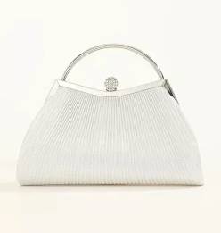 Satin Pleated Sparkling Kyoza-Shaped Handle Womens Party Purse – Silver