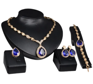 Water Drop Rhinestone Pendant Necklace Bracelet Ring Bridal Jewelry Set – Gold